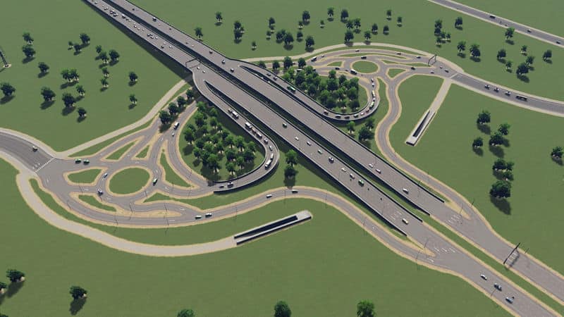 A very curvy highway exit with two roundabouts. 